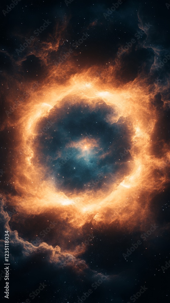 Fototapeta premium Fiery cosmic ring. A mesmerizing blend of fiery orange and deep blue hues creates a breathtaking celestial spectacle.