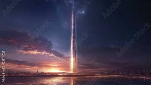 With its captivating glittering skyscraper at night, the Al Mamlaka Kingdom Tower in Riyadh, Saudi Arabia  photo