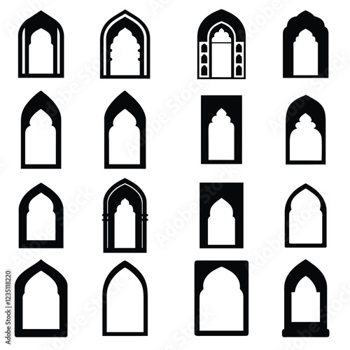 Islamic shapes Ramadan window frame design.Islamic Shape door, window silhouette Arabic arch.Old mosque windows shape in oriental style. Islamic door set.