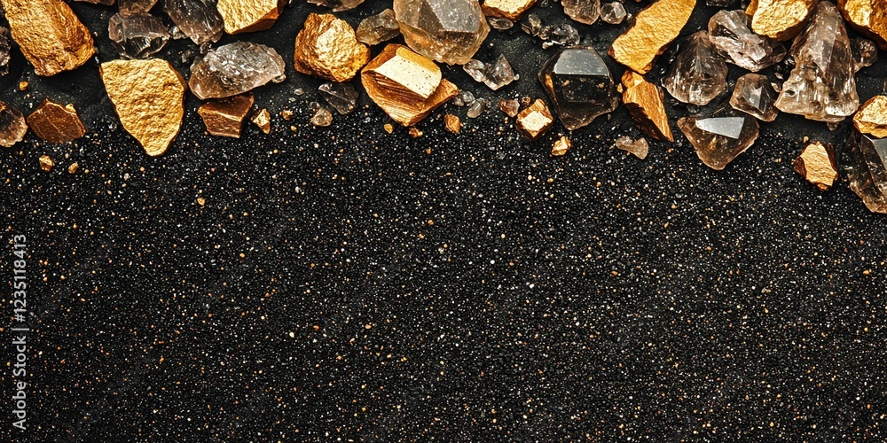 Fototapeta premium Gold nuggets and crystals on black sand create a striking natural border