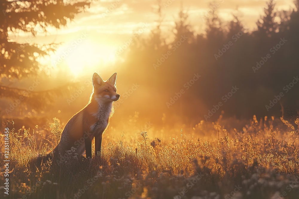 Fototapeta premium Beautiful red fox standing on a few stones over the water surface. Very focused on its prey. Pure natural wildlife photo. Ready to hunt