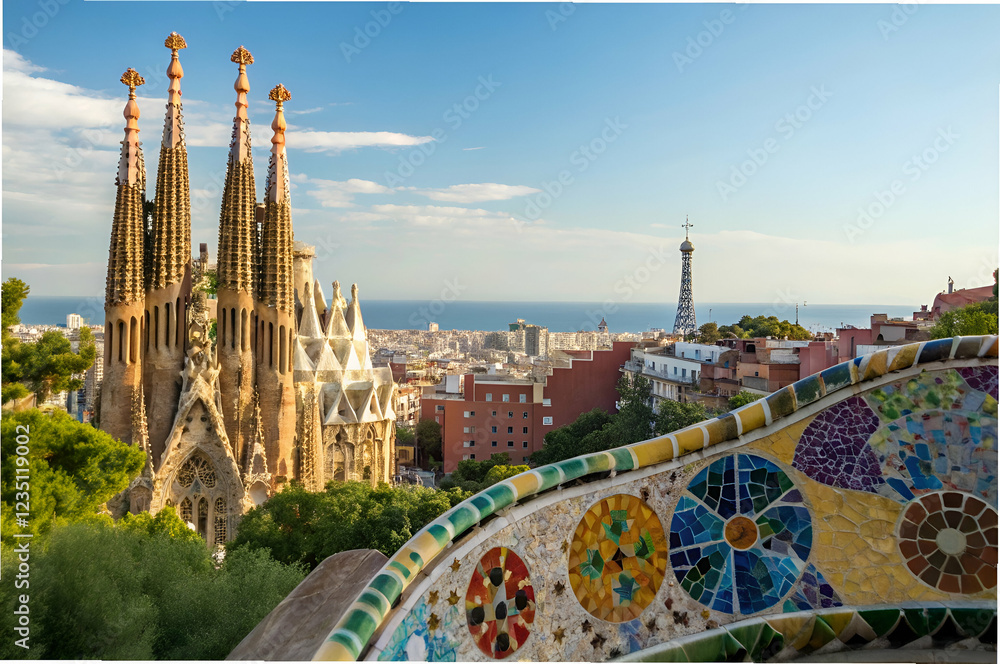 A stunning view of Barcelona featuring the Sagrada Familia and colorful mosaics, under a bright sky with the sea in the background.