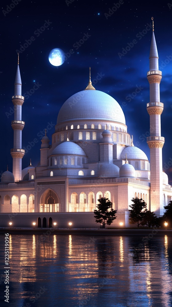 Obraz premium Majestic mosque illuminated at night during Ramadan with crescent moon overhead