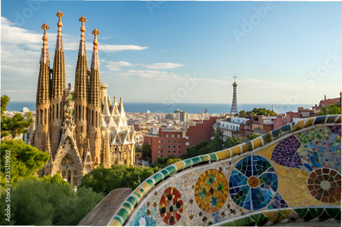 A stunning view of Barcelona featuring the Sagrada Familia and colorful mosaics, under a bright sky with the sea in the background.