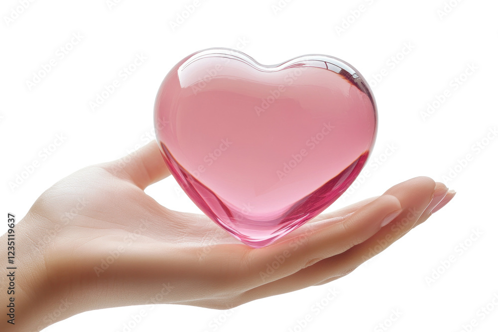 Obraz premium A delicate hand gently cradles a translucent pink heart-shaped glass piece, reflecting soft light. The scene evokes feelings of love and tenderness, radiating calm energy