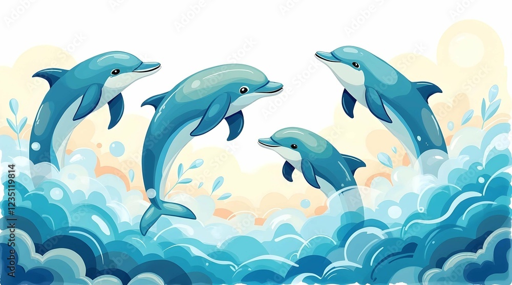 Obraz premium Four cartoon dolphins playfully leap from stylized ocean waves against a light background with abstract shapes