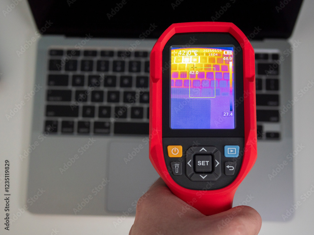 Technician holding thermal imaging camera, scanning laptop surface, detecting heat signatures and potential thermal anomalies during professional diagnostic maintenance process Technician holding thermal imaging camera, scanning laptop surface, detecting heat signatures and potential thermal anomalies during professional diagnostic maintenance process
