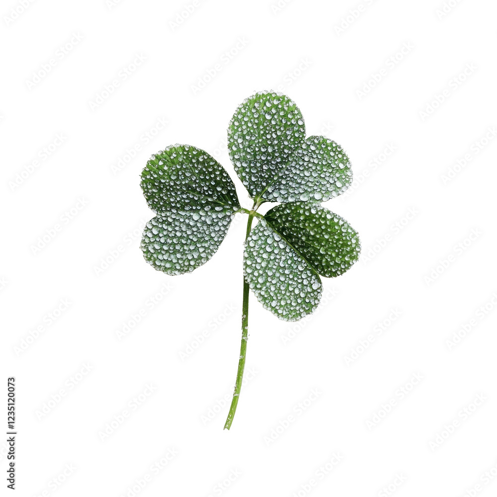 A clover leaf adorned with droplets of dew rests against a plain white background. The vibrant green color contrasts beautifully with the moisture, highlighting nature's details A clover leaf adorned with droplets of dew rests against a plain white background. The vibrant green color contrasts beautifully with the moisture, highlighting nature's details