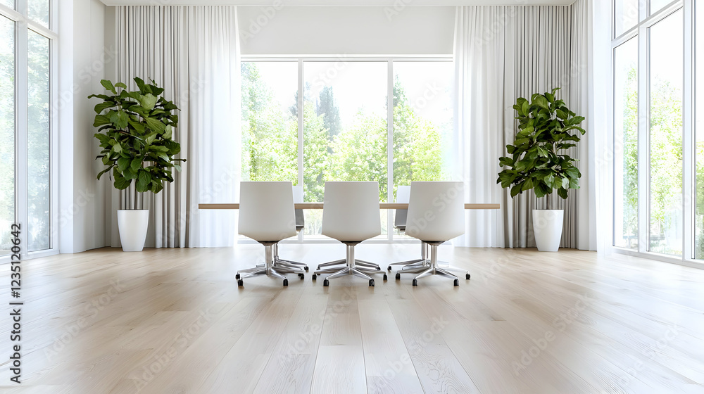 Fototapeta premium White office chairs stand by a wooden table in a bright, modern conference room with large windows showing green trees during the day.
