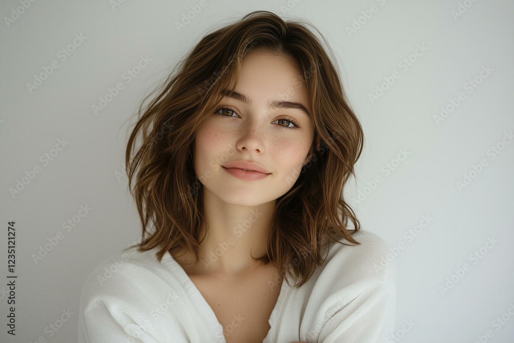 Portrait of beautiful smiling young woman. Happy confident attractive lady with cheerful smile and healthy skin, fashion model with positive emotion standing with arms crossed Portrait of beautiful smiling young woman. Happy confident attractive lady with cheerful smile and healthy skin, fashion model with positive emotion standing with arms crossed