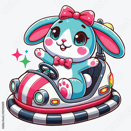 Happy rabbit character in bumper car stock illustration