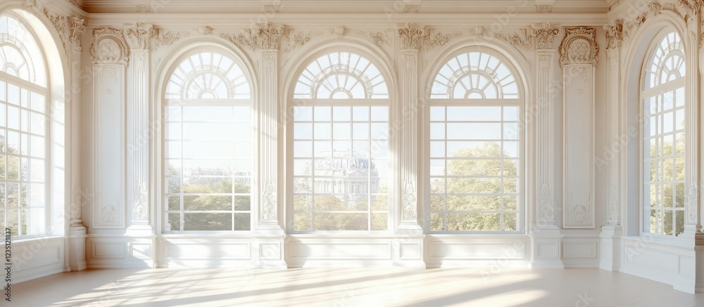 Elegant white interior with large windows showcasing a sunny outdoor view in a serene setting Elegant white interior with large windows showcasing a sunny outdoor view in a serene setting