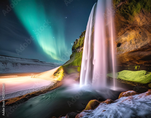 Seljalandsfoss waterfall with nortern lights, Iceland (AI generated) photo