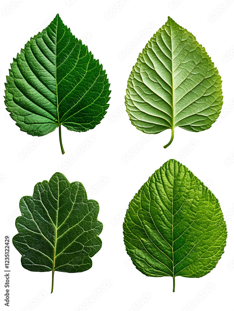 Vier freigestellte grüne Blätter mit detaillierter Struktur, Four Isolated Green Leaves with Detailed Texture Vier freigestellte grüne Blätter mit detaillierter Struktur, Four Isolated Green Leaves with Detailed Texture