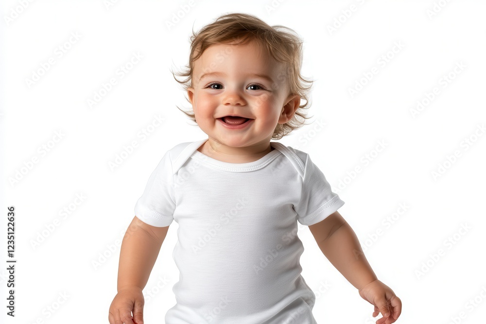 Baby Boy in a White Onesie Smiles Happily Against a Bright Background for Children's Design. Generative AI Baby Boy in a White Onesie Smiles Happily Against a Bright Background for Children's Design. Generative AI