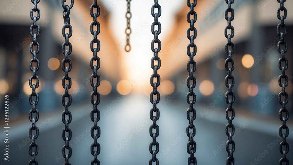 Chains in Foreground with Blurred City Background and Bokeh Effect Chains in Foreground with Blurred City Background and Bokeh Effect