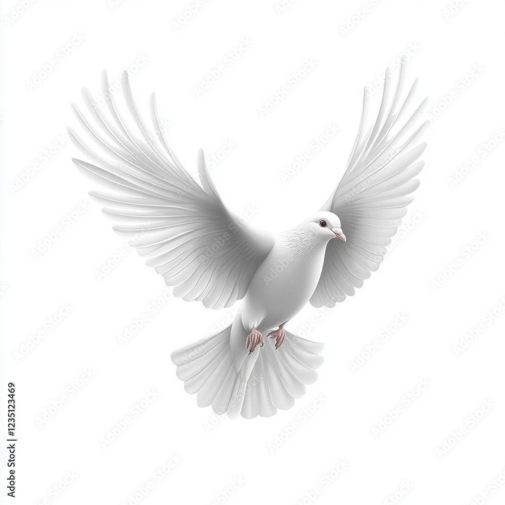 Obraz premium A white dove is flying freely in the air, its wings elegantly outstretched. The serene scene highlights the bird's purity and grace, surrounded by an unblemished white sky