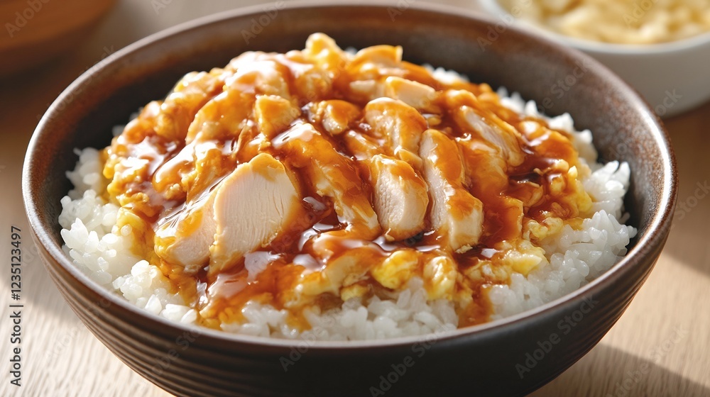 Serving of oyakodon comforting rice bowl topped with chicken and egg cooked in a savory sauce Serving of oyakodon comforting rice bowl topped with chicken and egg cooked in a savory sauce