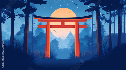 Japanese torii gate in mystic forest. Mystic Forest. Illustration