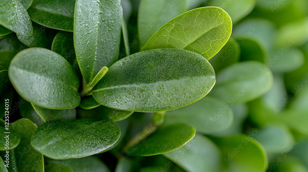 Naklejka premium Lush green leaves, close-up, garden background, nature texture