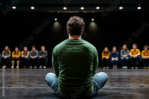 A man sitting on the floor in front of a group of people photo