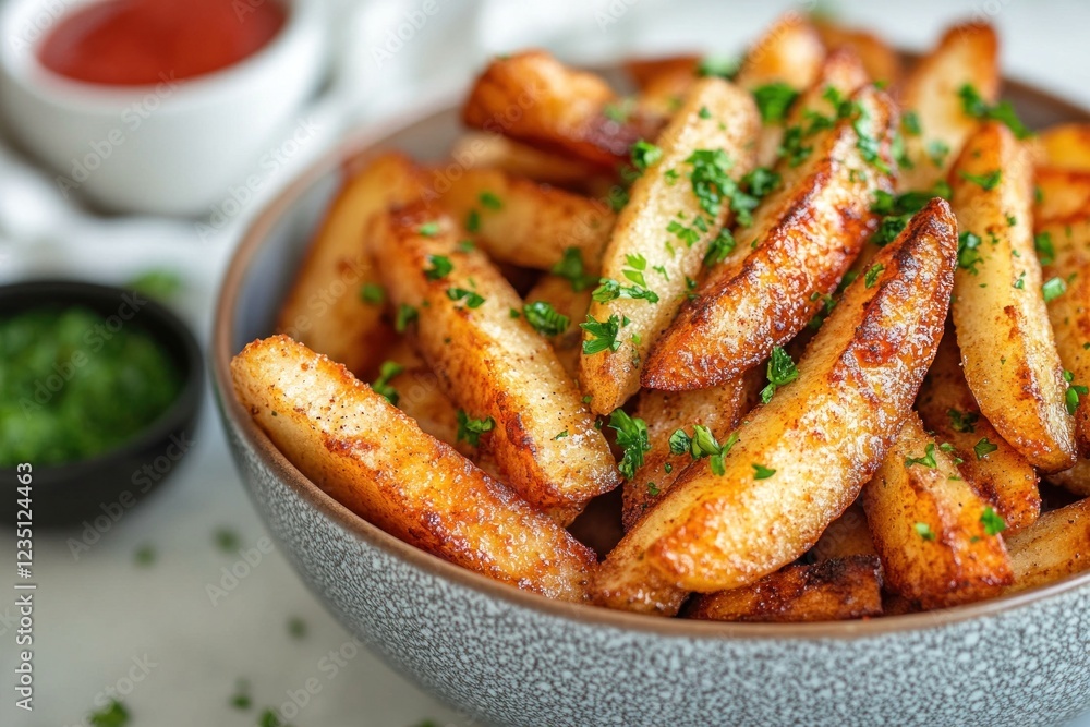 Crispy apple fries are freshly prepared and arranged in a bowl, garnished with herbs. Tasty dipping sauces accompany the vibrant dish, offering a delightful snack Crispy apple fries are freshly prepared and arranged in a bowl, garnished with herbs. Tasty dipping sauces accompany the vibrant dish, offering a delightful snack