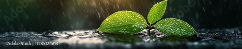 Raindrops glisten on fresh green leaves under soft light amidst a serene atmosphere