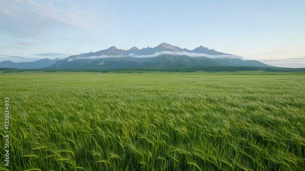 Fototapeta premium Mountainous landscape, green field, sunrise, calm. Ideal for travel brochures