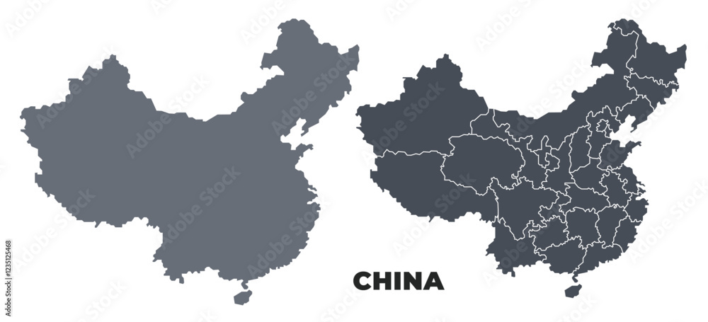 China grey political map simple flat illustration set