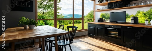 Modern Kitchen with Scenic View - Bright modern kitchen with wooden dining table and black cabinets  overlooking lush green hills through large windows.