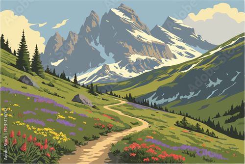 Majestic mountain landscapes, vibrant wildflower meadows, colorful alpine flowers, snow-capped peaks, winding dirt path, lush green hills, blue sky, summer bloom, diverse flora, natural beauty, panora