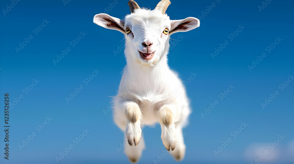 Fototapeta premium Playful white goat kid leaping, clear blue sky