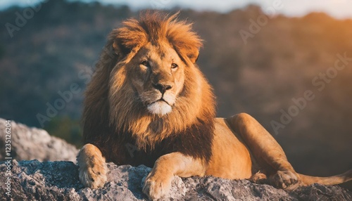 A close-up of a majestic lion resting on a rocky outcrop, with golden sunlight highlighting its mane. photo