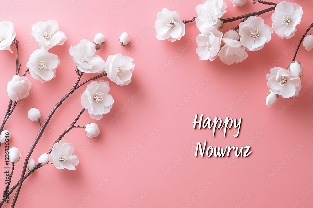 Fototapeta premium Branches of white blossoms with Happy Nowruz text on vibrant backgrounds, AI generated image