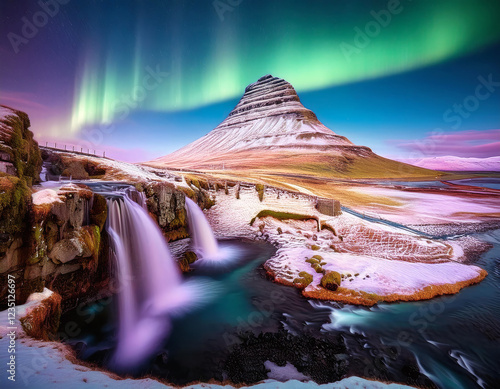 Waterfall in front of the Kirkjufell mountain at night with polar lights, Iceland (AI generated) photo