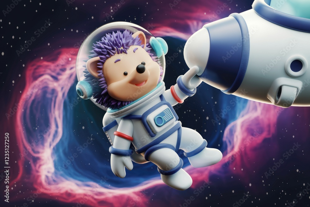 A cute hedgehog astronaut floats in space near a spaceship, exploring a nebula. A cute hedgehog astronaut floats in space near a spaceship, exploring a nebula.