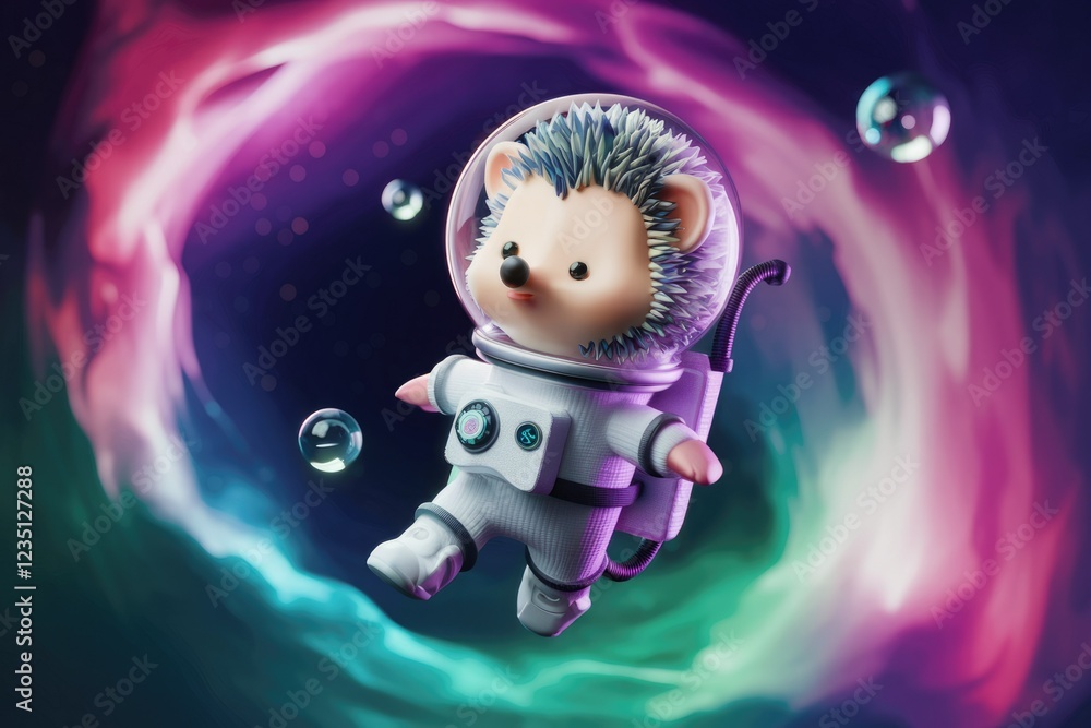 Naklejka premium Adorable hedgehog astronaut floats through a vibrant nebula, wearing a spacesuit and helmet.