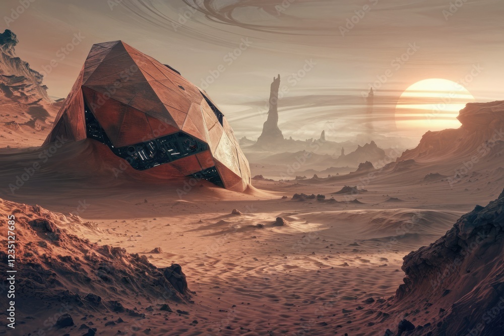 Fototapeta premium A derelict spaceship rests half-buried in the Martian sand under a setting sun, a scene of desolation and mystery.