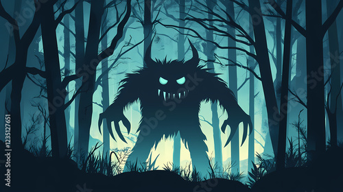 Eerie dark forest with a shadowy monster figure lurking among trees, creating a mysterious and spooky atmosphere. Mystic Forest. Illustration photo