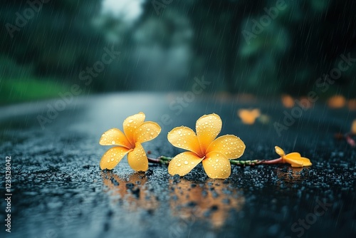 Frangipany flowers in the rain on a road. photo