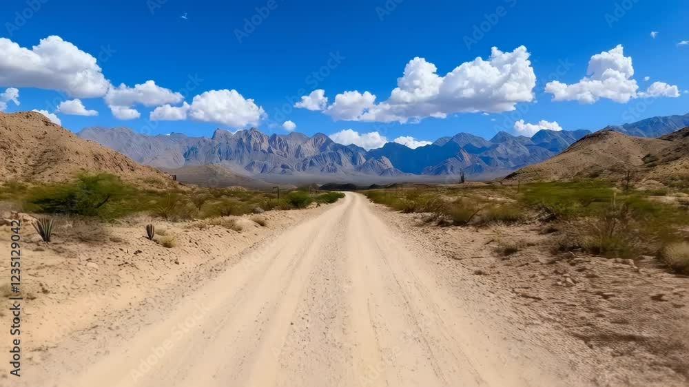 A rugged dirt road winds through a desert landscape surrounded by mountains and vibrant blue skies filled with clouds A rugged dirt road winds through a desert landscape surrounded by mountains and vibrant blue skies filled with clouds