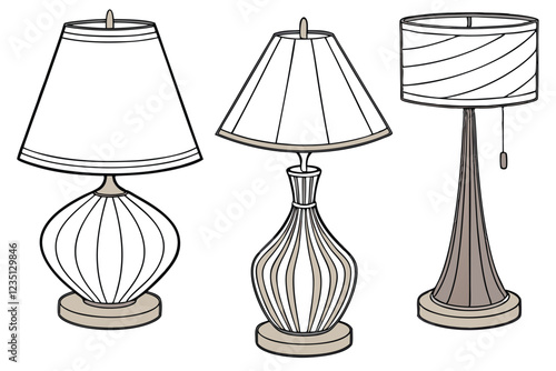 Table lamps, mid-century modern design, varied wooden bases, ceramic base, minimalist, neutral color palette, conical lampshades, warm ambient lighting, sleek silhouettes, retro style, interior decor,