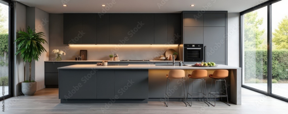 Modern gray kitchen corner featuring integrated bar seating, rustic, minimalist Modern gray kitchen corner featuring integrated bar seating, rustic, minimalist