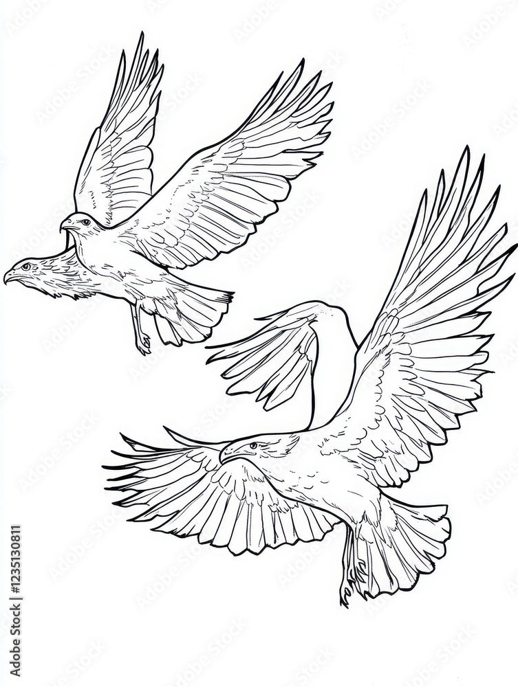 Fototapeta premium Birds in flight line drawing for coloring