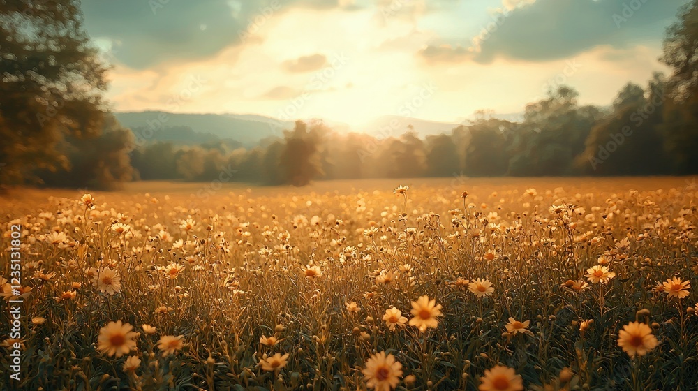 Obraz premium Golden Hour Field Of Daisies Sunset Landscape