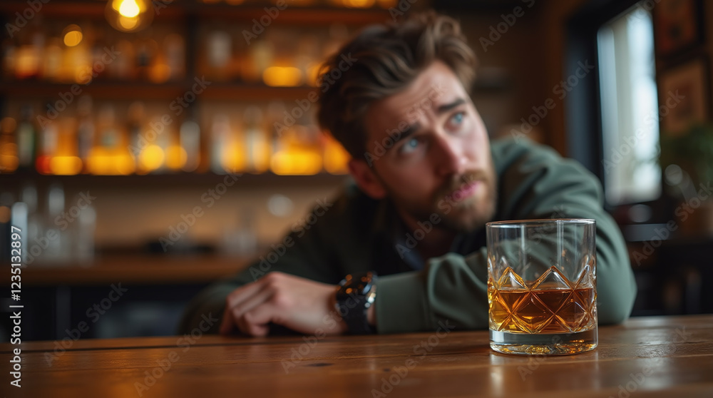 Alcohol Addiction, Addicted Alcoholic, AA, Sad Man with Glass of Whiskey Drink in Bar, Sober and Sobriety Alcohol Addiction, Addicted Alcoholic, AA, Sad Man with Glass of Whiskey Drink in Bar, Sober and Sobriety