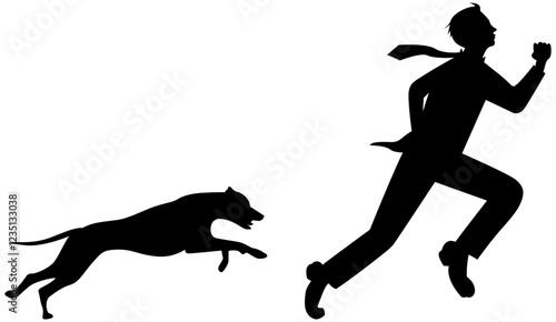 man running away from dog in single color black, vector