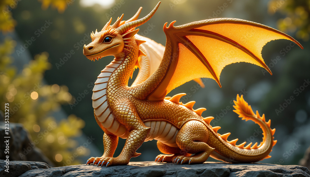 Fototapeta premium Majestic Golden Dragon Resting on a Sunlit Rock in a Fantasy Landscape