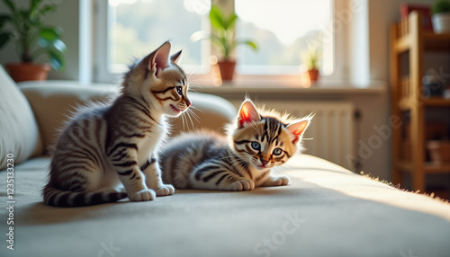 Adorable Tabby Kittens Playing on a Cozy Sofa in Sunlit Living Room