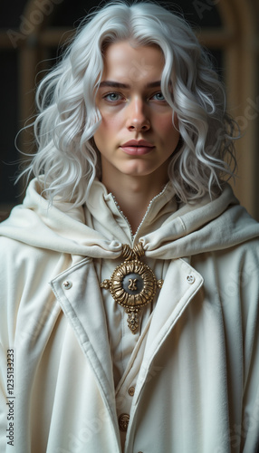 Mysterious Androgynous Figure with Silver Hair in Elegant White Cloak